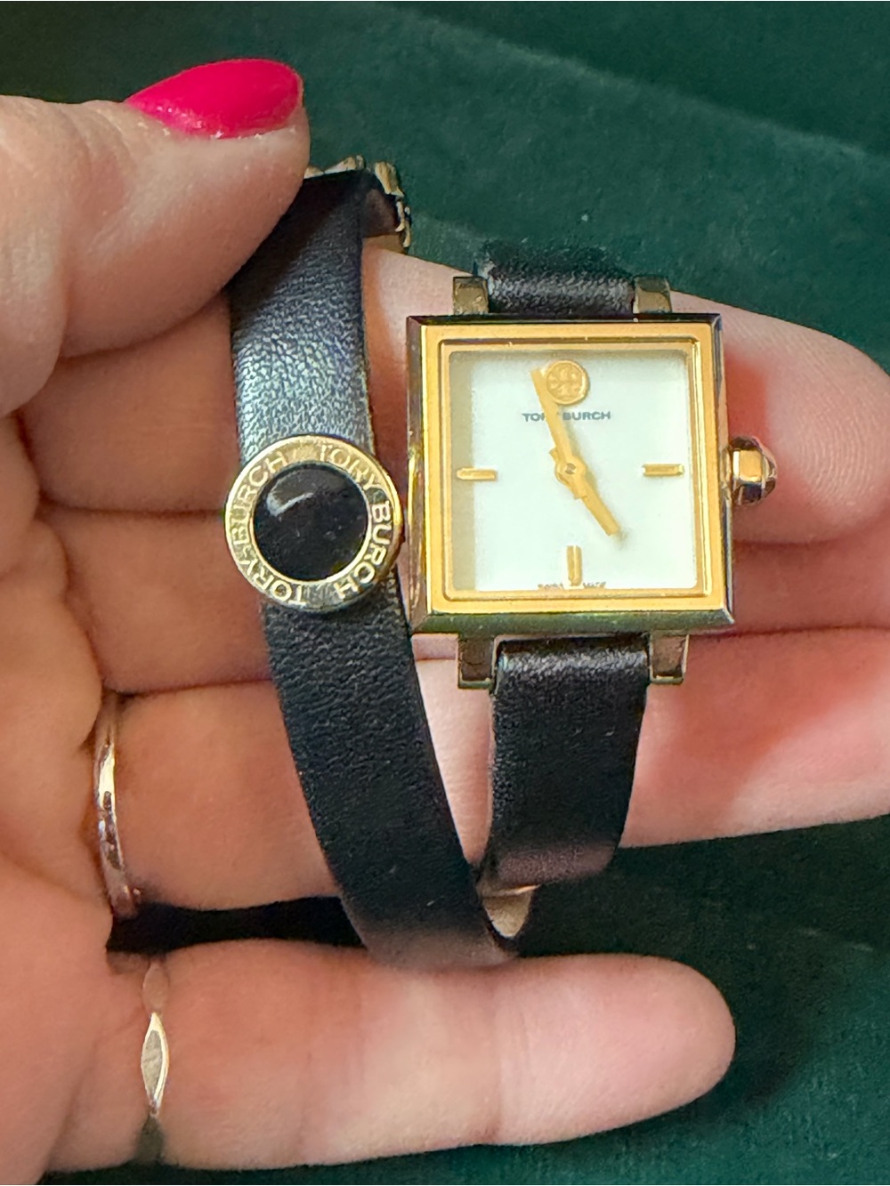 Tory Burch Saucy Double Wrap Charm Watch Gold Square Case Black Leather